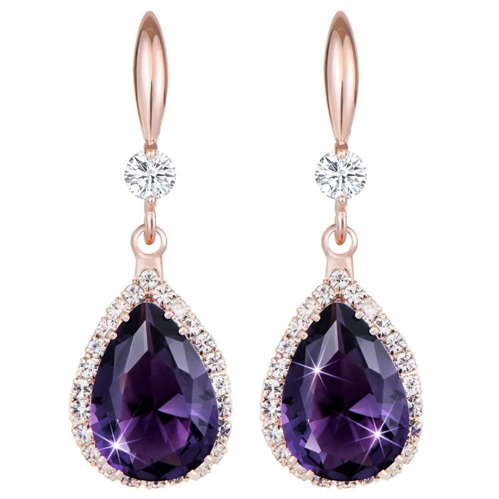 14K Rose Gold and Purple Amethyst Cubic Zirconia Teardrop Hook Dangling Earrings